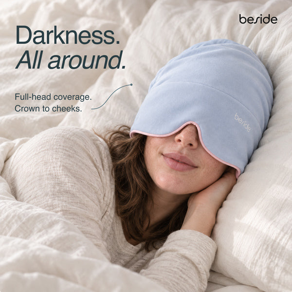 Person wearing the Blushing Sky Sleep Hood over the eyes and crown, illustrating full-head light coverage.