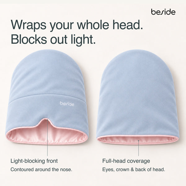 Front and rear views of the Blushing Sky Sleep Hood show the face opening and full-head coverage.