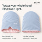 Front and rear views of the Blushing Sky Sleep Hood show the face opening and full-head coverage.