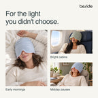 Three scenes show Sleep Hood use for an early-morning rest, on an airplane, and during a daytime break.