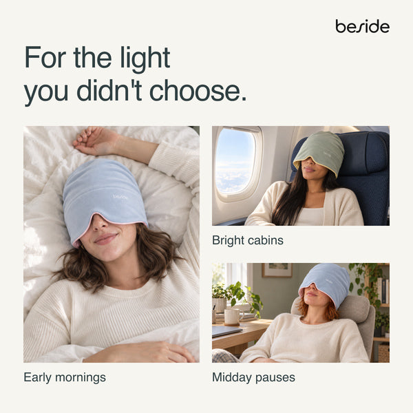 Three scenes show Sleep Hood use for an early-morning rest, on an airplane, and during a daytime break.