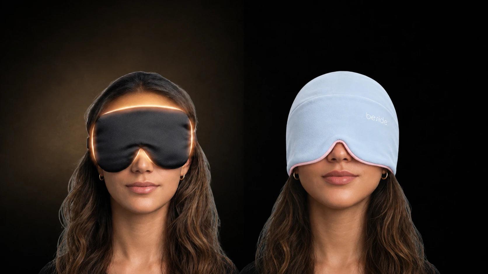 Ordinary eye mask leaking light beside a Twilight Sleep Hood in darkness