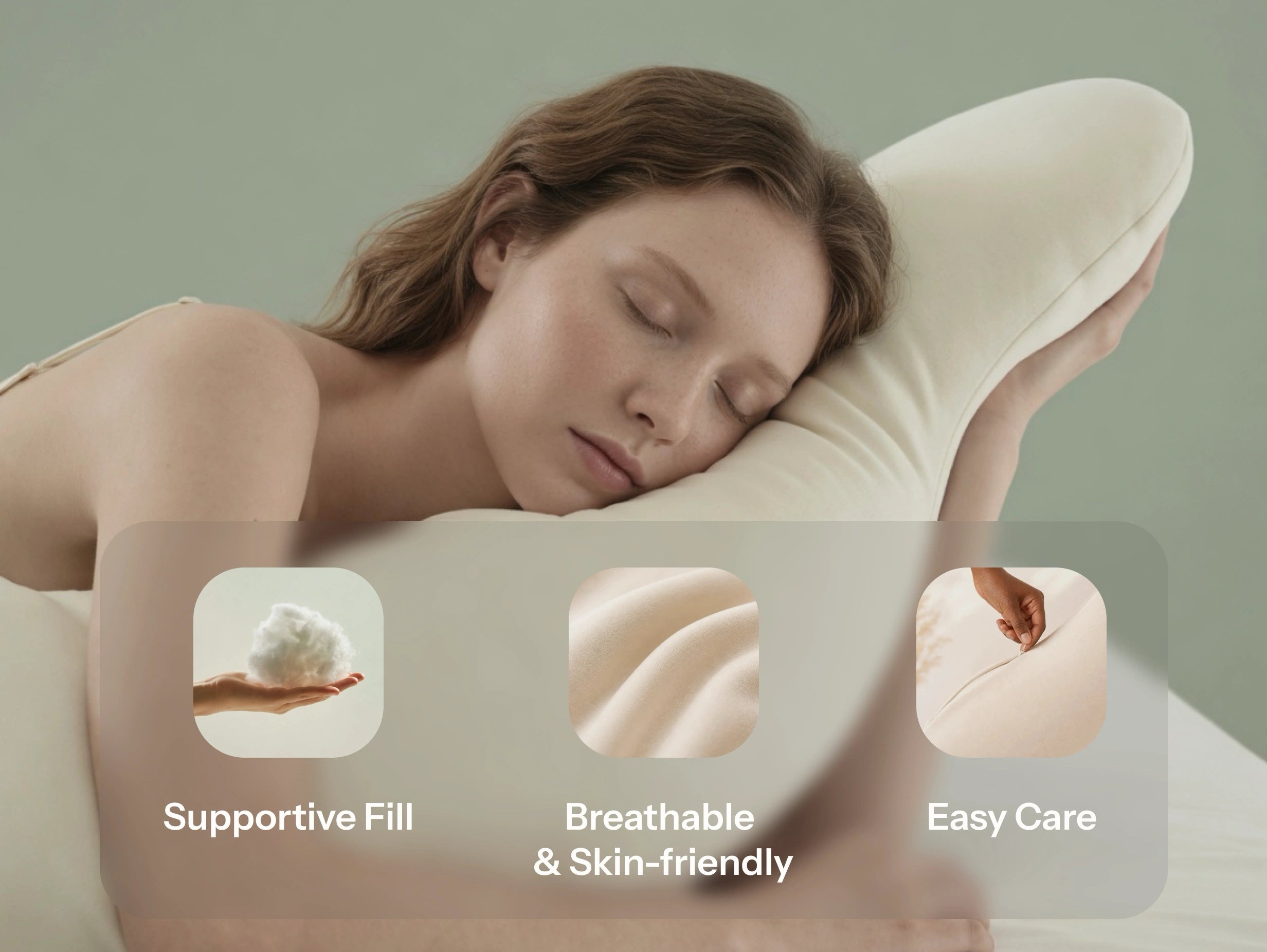 Airy pillow fill and skin-soft cover shown in close detail
